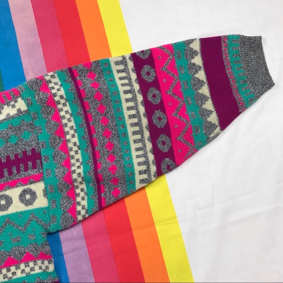 Vintage 80s Geometric Cardigan Sweater Multi Colour Long Sleeve Large - Picture 4 of 5